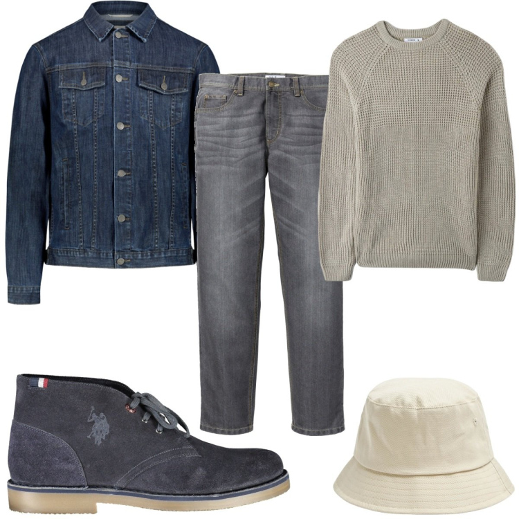 Outfit uomo - Trendy denim. Stile Trendy per Tutti i giorni. Abbinamento con jeans dritti, cappelli, maglieria, giacche, stivali.