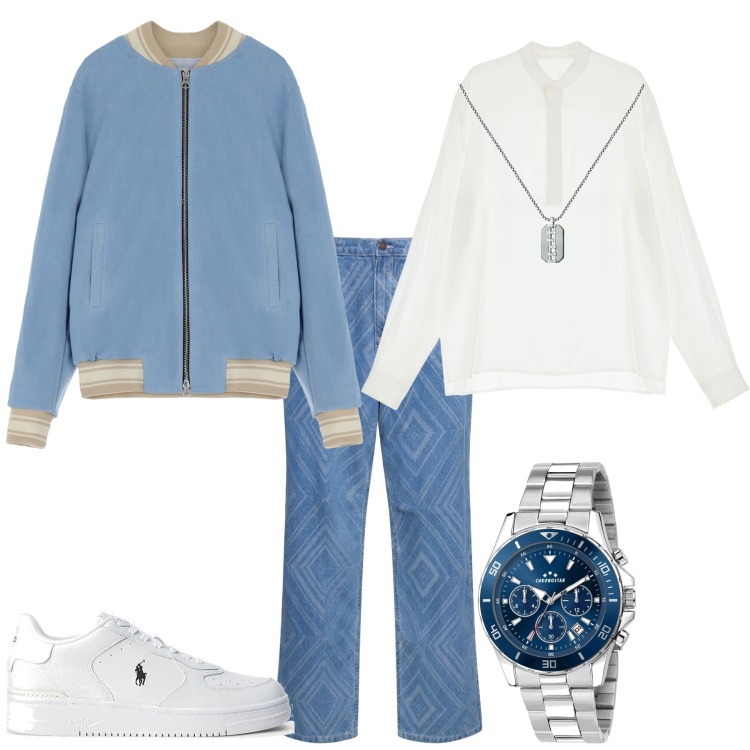 Outfit uomo - Casual serata al mare. Stile Casual per Serata speciale. Abbinamento con collane, orologi, giacche, camicie, sneakers, pantaloni.