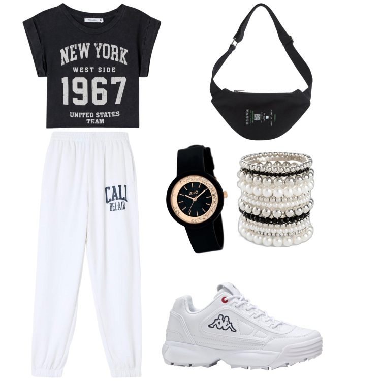 Outfit donna - Sporty. Stile Sporty chic per Sport. Abbinamento con orologi, pantaloni sportivi, t-shirt, marsupi, braccialetti, sneakers.