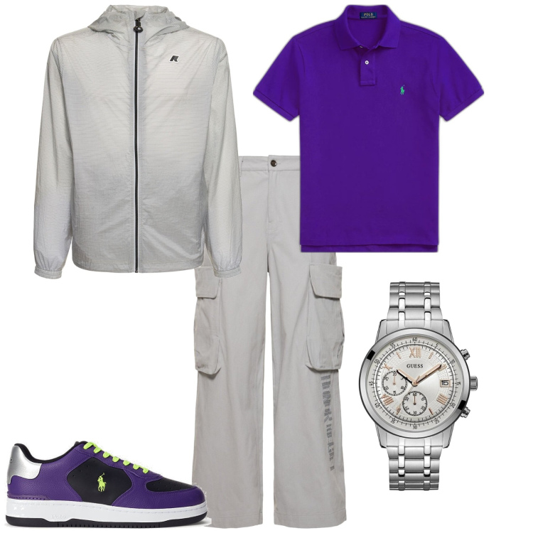 Outfit uomo - Sporty per il tempo libero. Stile Trendy per Tutti i giorni. Abbinamento con orologi, polo, sneakers, giacche, pantaloni cargo.