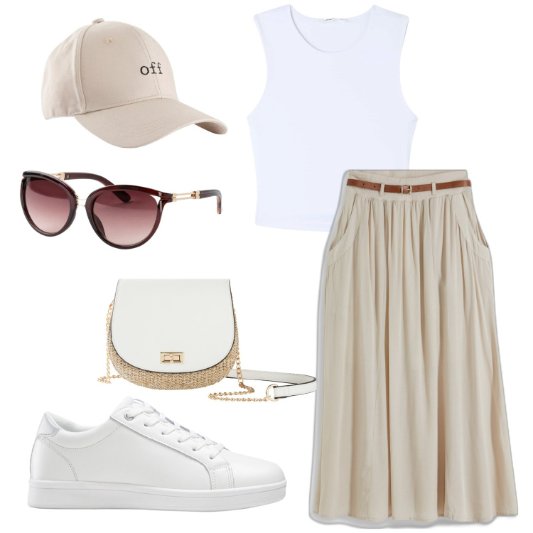 Outfit donna - Colori tenui. Stile Casual per Tutti i giorni. Abbinamento con canottiere, occhiali da sole, borse a tracolla, cappelli con visiera, gonne lunghe, sneakers.