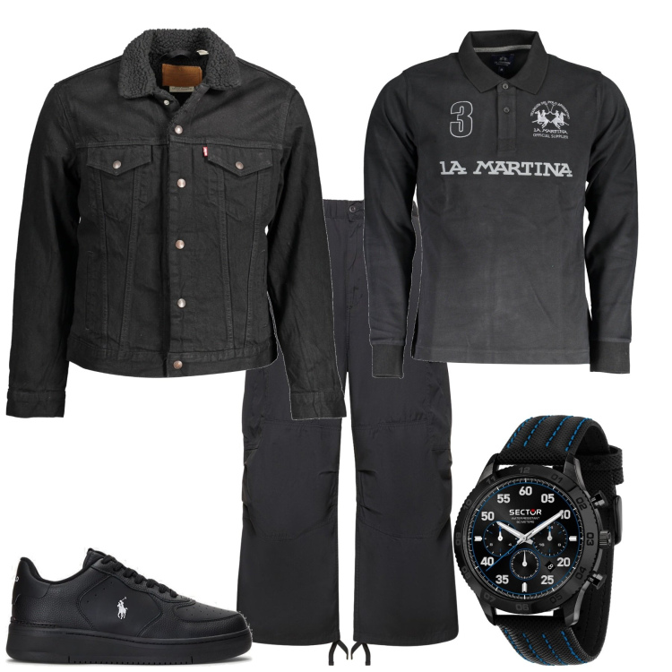 Outfit uomo - Urban in black. Stile Urban per Tutti i giorni. Abbinamento con orologi, sneakers, giacche, polo, pantaloni cargo.