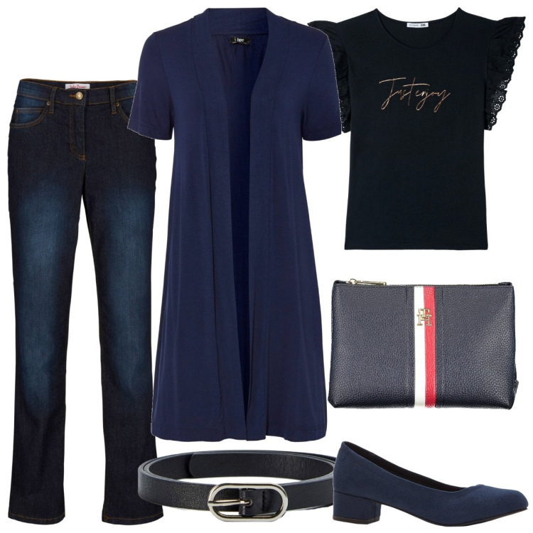 Outfit donna - Minimal chic mood-Donna curvy. Stile Minimal per Tutti i giorni. Abbinamento con jeans dritti, cardigans, décolleté, t-shirt, cinture, pochette.