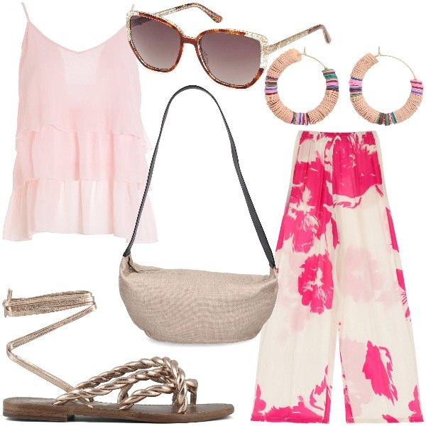 Outfit donna - Coachella Festival Look. Stile Boho per Serata fuori. Abbinamento con orecchini, top, pantaloni a palazzo, occhiali da sole, borse a spalla, sandali.