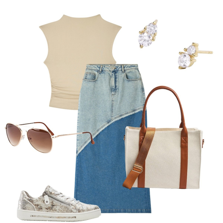 Outfit donna - Il jeans bicolore. Stile Basic per Tutti i giorni. Abbinamento con occhiali da sole, sneakers, gonne lunghe, t-shirt, shopping bag, orecchini.