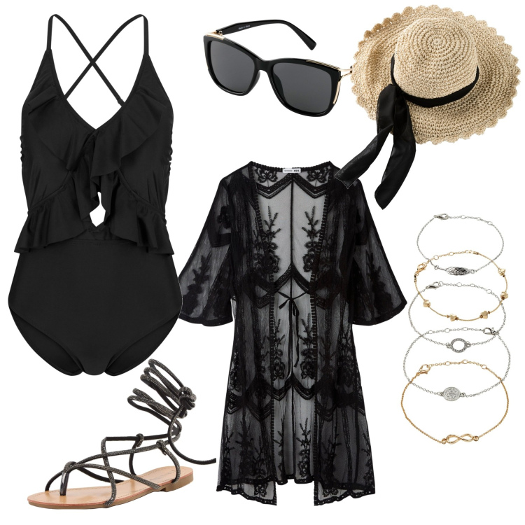 Outfit donna - Al mare. Stile Casual per Mare. Abbinamento con caftani, sandali alla schiava, braccialetti con ciondoli, costumi interi, cappelli, occhiali da sole.
