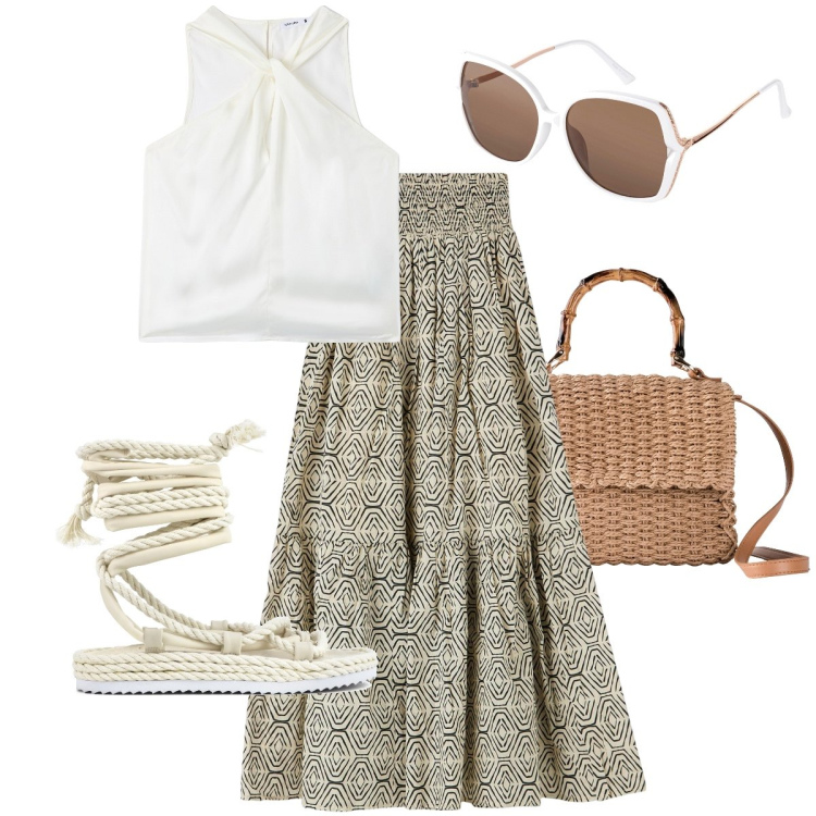 Outfit donna - Le infradito in corda. Stile Etnico per Tutti i giorni. Abbinamento con borse a mano, occhiali da sole, top, gonne lunghe, sandali.