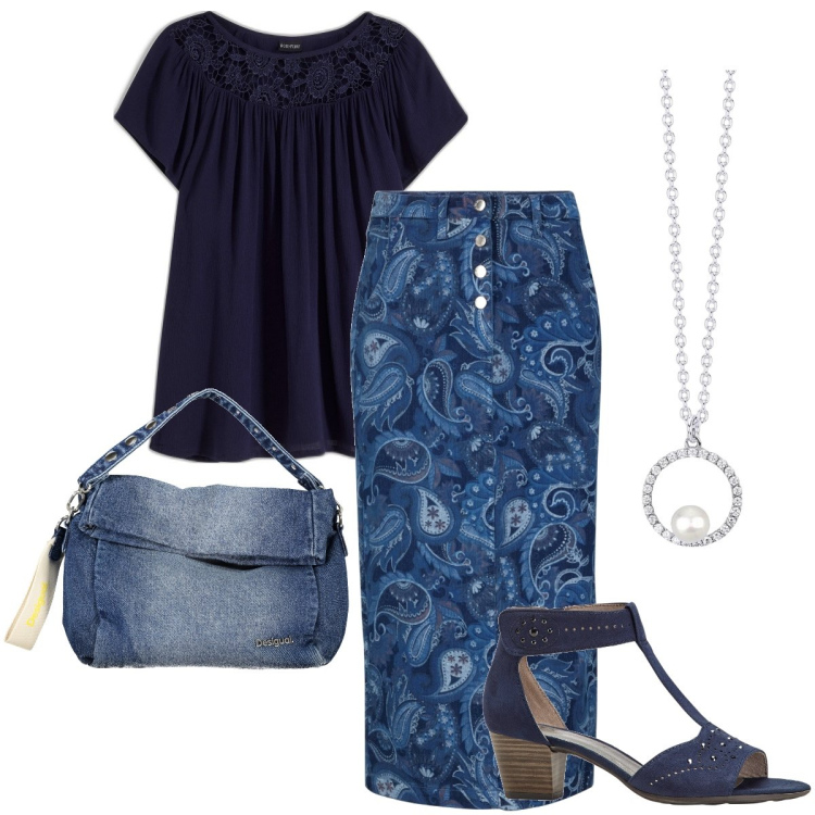 Outfit donna - La gonna con i bottoni. Stile Boho per Serata fuori. Abbinamento con bluse, gonne, sandali col tacco, collane, borse a spalla.