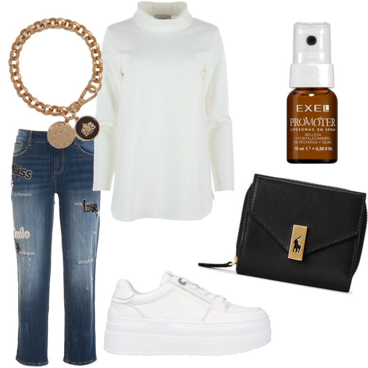 Outfit donna - Total look #1857605. Stile Casual per Tutti i giorni. Abbinamento con mascara, sneakers, jeans, portafogli, braccialetti con ciondoli, t-shirt.