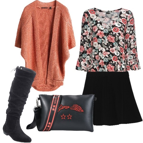 Outfit donna - Autunno a colori. Stile Trendy per Tutti i giorni. Abbinamento con stivali, maglia con volant e scollo nero, borsa a mano contrasto taglia media con zip interno sfoderato in pelle sintetica tinta unita, cardigan arancione, gonna a ruota nero.