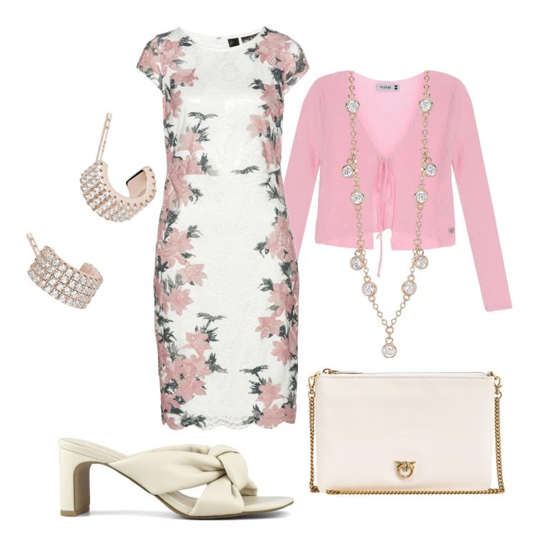 Outfit donna - Delicatamente chic. Stile Minimal per Cerimonia. Abbinamento con vestiti, collane, orecchini, borse a tracolla, cardigans, sandali col tacco.