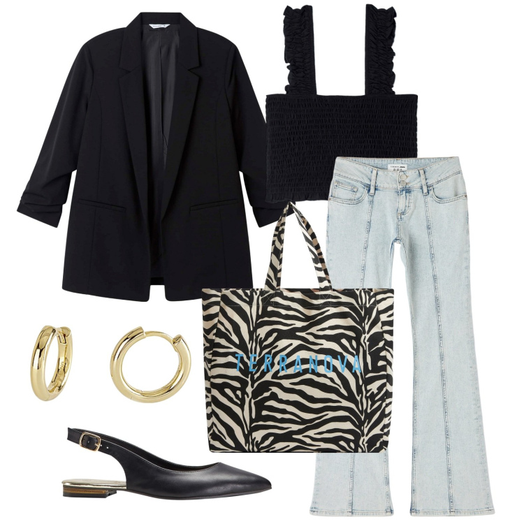 Outfit donna - Ghost outfitter - aprile. Stile Casual chic per Tutti i giorni. Abbinamento con ballerine, borse tote, top, blazer, jeans a zampa, orecchini.