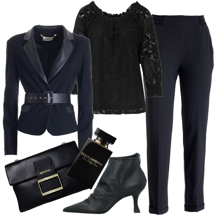 Outfit donna - Total black. Stile Chic per Serata fuori. Abbinamento con maglieria, stivaletti, profumi, pantaloni chino, blazer, pochette.