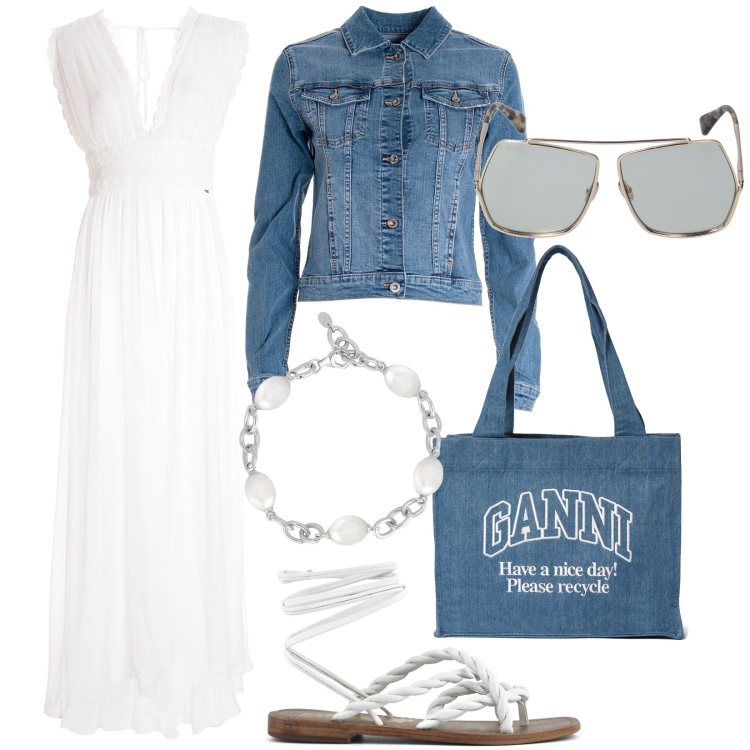 Outfit donna - bianco e denim. Stile Casual chic per Tutti i giorni. Abbinamento con braccialetti, giacche, vestiti lunghi, sandali, shopping bag, occhiali da sole.