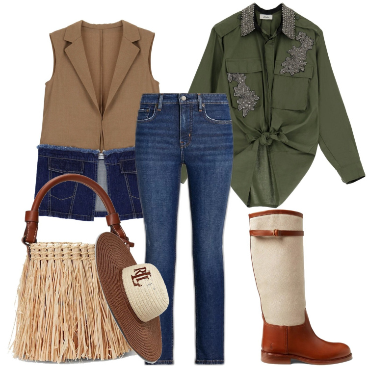 Outfit donna - Divertimento texano. Stile Sporty chic per Serata fuori. Abbinamento con gilet, camicie, stivali sopra il ginocchio, cappelli, jeans dritti, borse a secchiello.
