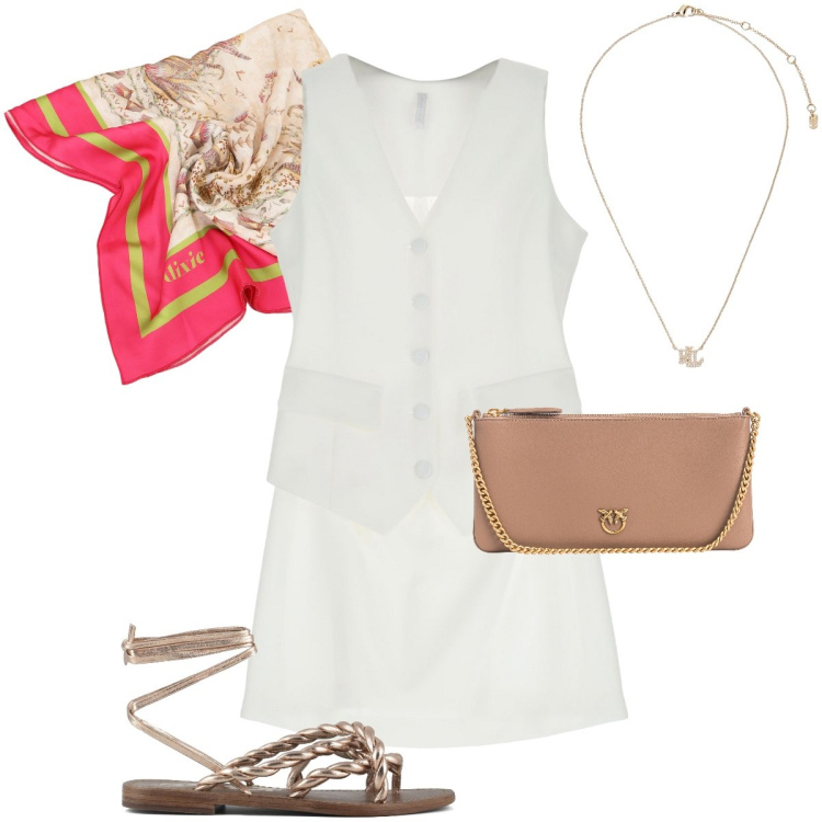 Outfit donna - Il vestito con il gilet. Stile Casual chic per Tutti i giorni. Abbinamento con borse a tracolla, vestiti corti, ciondoli, foulard, sandali.