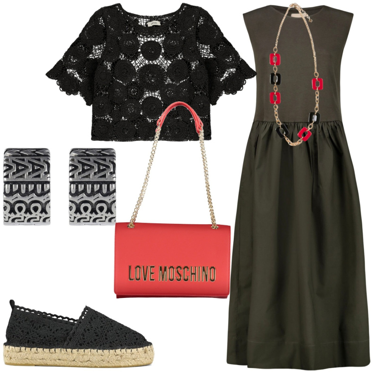 Outfit donna - Casual chic. Stile Casual chic per Tutti i giorni. Abbinamento con maglieria, espadrillas, vestiti midi/longuette, ciondoli, borse a tracolla, orecchini.