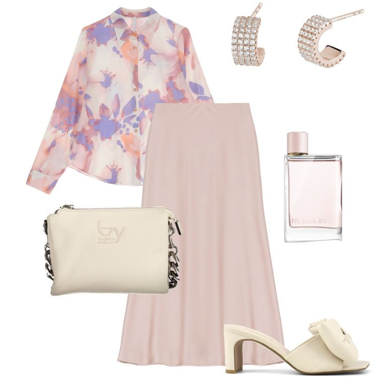 Outfit donna - Rosa pastello. Stile Romantica per Serata fuori. Abbinamento con profumi, orecchini, gonne longuette, camicie, sandali col tacco, borse a spalla.
