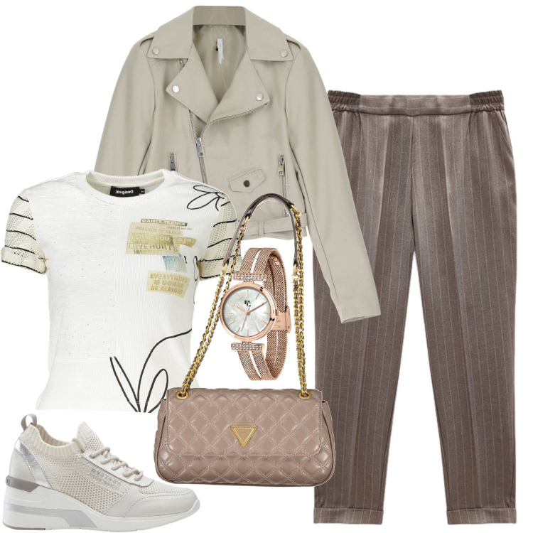 Outfit donna - sportiva tutto il giorno. Stile Casual per Tutti i giorni. Abbinamento con sneakers, orologi, giacche, t-shirt, pantaloni, borse a spalla.