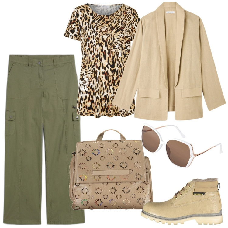 Outfit donna - Avventure metropolitane. Stile Urban per Tutti i giorni. Abbinamento con pantaloni cargo, maglieria, occhiali da sole, blazer, zaini, stivali.