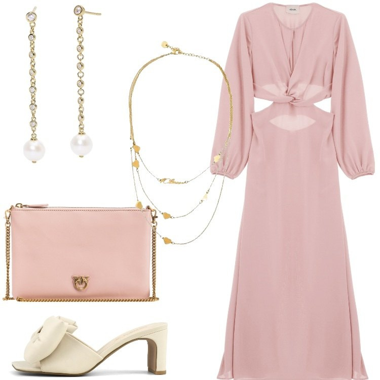Outfit donna - Una serata romantica. Stile Romantica per Serata fuori. Abbinamento con collane, vestiti, orecchini, borse a tracolla, sandali col tacco.