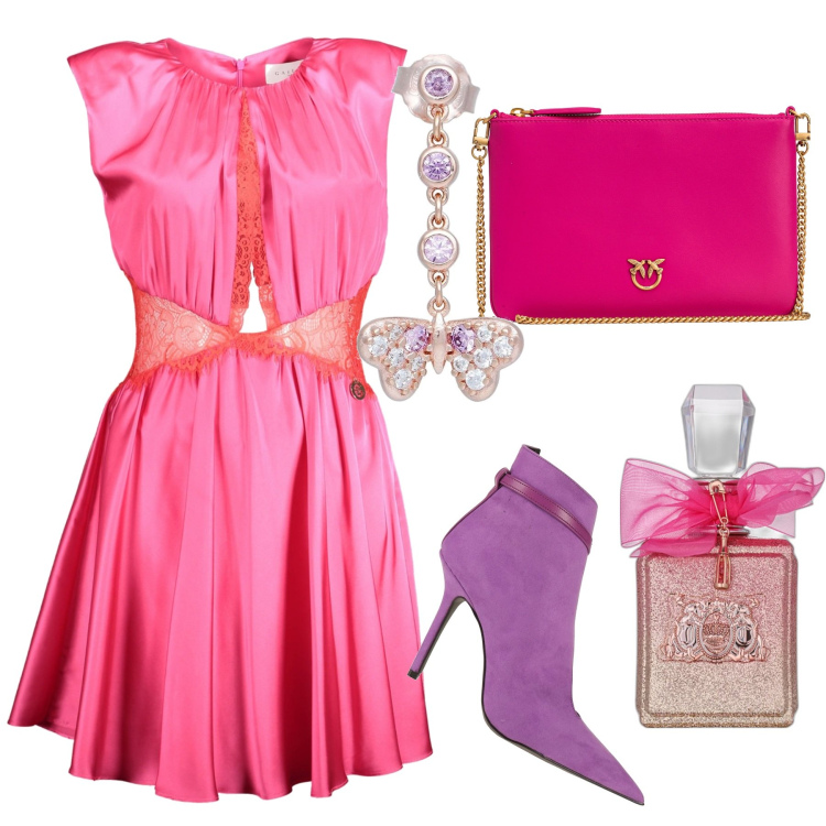 Outfit donna - Serata. Stile Glamour per Serata fuori. Abbinamento con stivaletti, orecchini, profumi, borse a tracolla, vestiti corti.