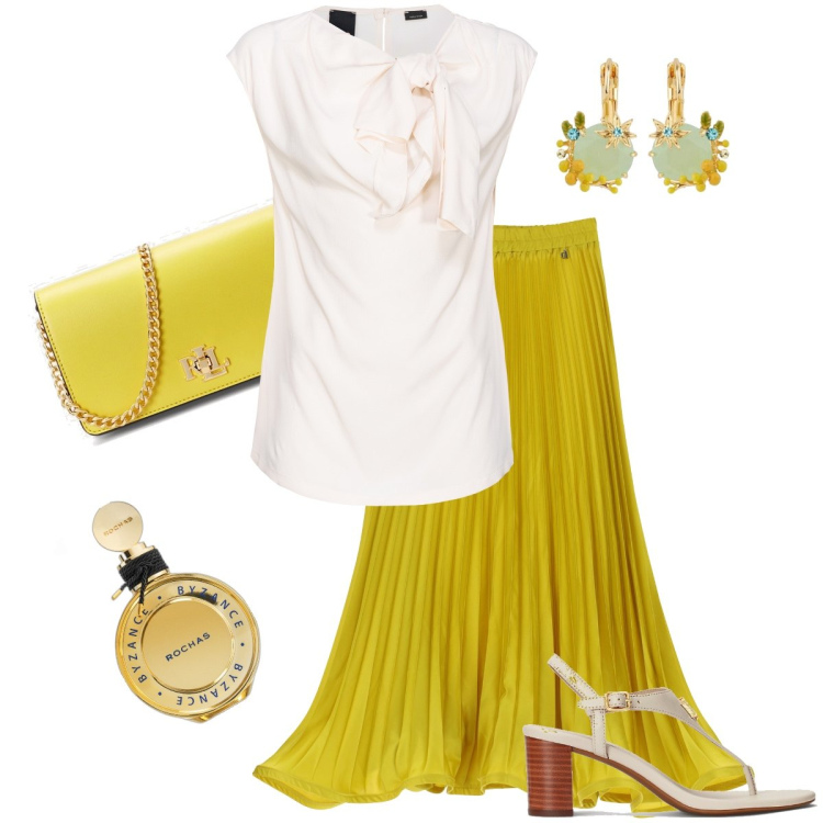 Outfit donna - La gonna plissè. Stile Chic per Serata fuori. Abbinamento con orecchini, profumi, top, gonne lunghe, sandali in pelle, borse a mano.