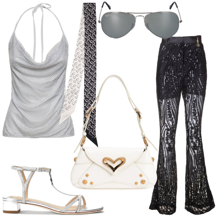 Outfit donna - Speciale Coachella Festival. Stile Glamour per Serata fuori. Abbinamento con borse a spalla, pantaloni a palazzo, sandali in pelle, top, occhiali da sole, foulard.