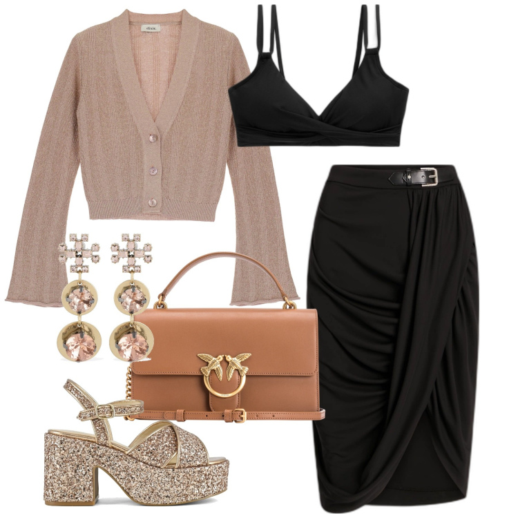 Outfit donna - Una serata speciale. Stile Glamour per Serata fuori. Abbinamento con borse a tracolla, cardigans, gonne, top, sandali, orecchini.