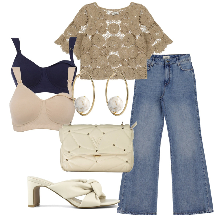 Outfit donna - Trafori e macramè. Stile Casual chic per Serata fuori. Abbinamento con reggiseni, maglieria, jeans, sandali col tacco, borse a tracolla, orecchini.