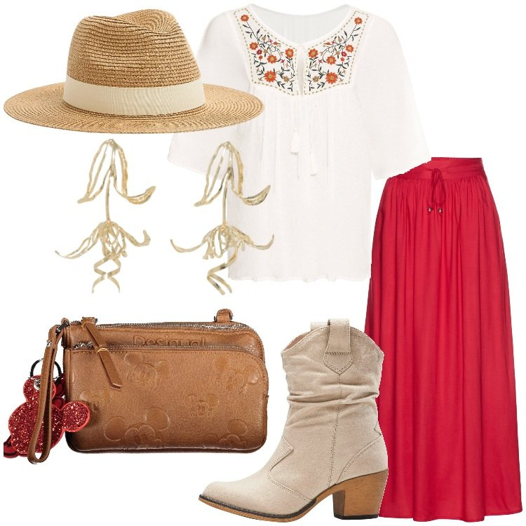 Outfit donna - Boho in primavera - Focus Donna Curvy. Stile Boho per Tutti i giorni. Abbinamento con gonne lunghe, tuniche, stivaletti texani, cappelli, orecchini, collane.