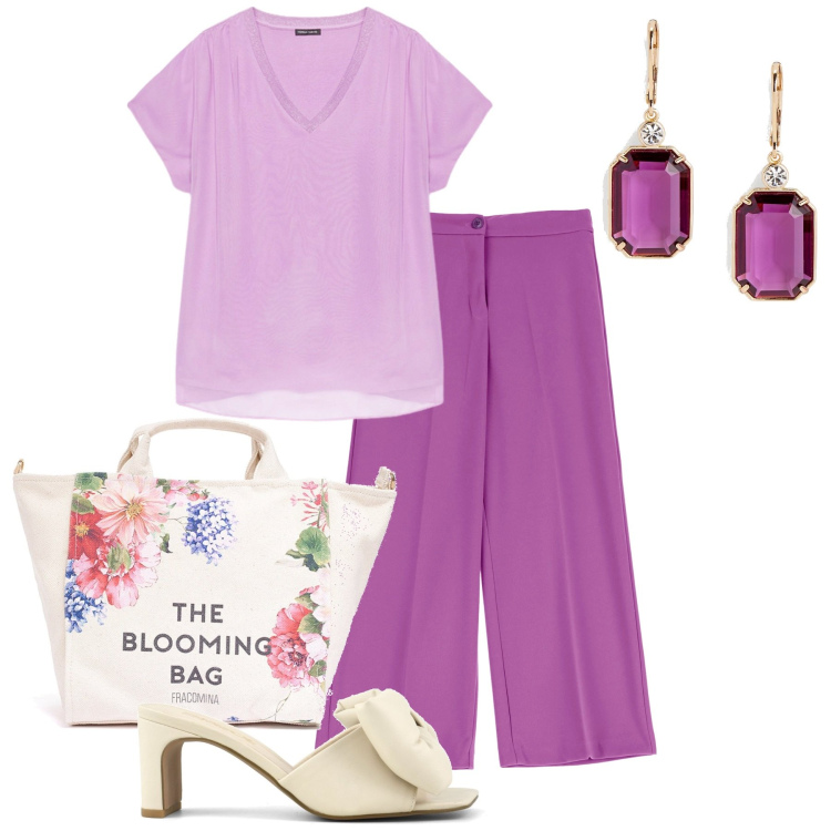 Outfit donna - Peonia. Stile Casual chic per Tutti i giorni. Abbinamento con pantaloni, borse tote, orecchini, sandali col tacco, t-shirt.