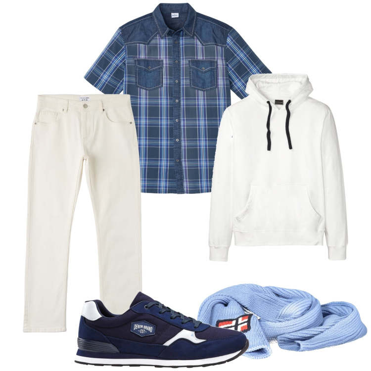 Outfit uomo - City life. Stile Urban per Tutti i giorni. Abbinamento con sneakers, felpe con cappuccio, camicie a manica corta, jeans, sciarpe.