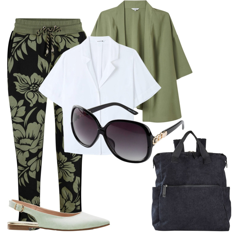 Outfit donna - Alla scoperta di Foligno. Stile Casual per Tutti i giorni. Abbinamento con occhiali da sole, zaini, ballerine, pantaloni, kimono, camicie a manica corta.