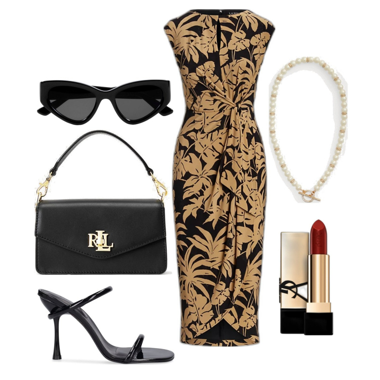 Outfit donna - Ghost outfitter - aprile. Stile Chic per Tutti i giorni. Abbinamento con rossetti, vestiti, collane, borse a tracolla, occhiali da sole, sandali col tacco.
