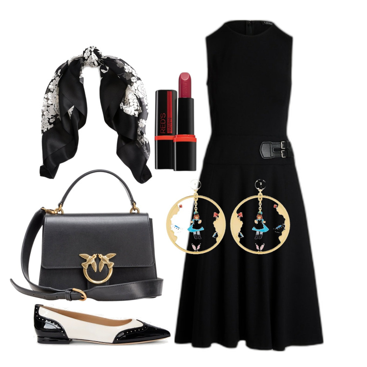 Outfit donna - Ghost outfitter - aprile. Stile Chic per Tutti i giorni. Abbinamento con orecchini, rossetti, borse a tracolla, vestiti senza maniche, ballerine, foulard.