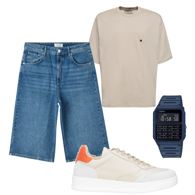 Outfit uomo - Spring Denim. Stile Casual per Tutti i giorni. Abbinamento con sneakers, orologi, pantaloni corti, t-shirt.