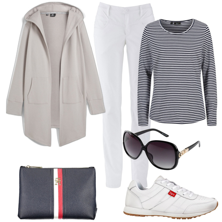 Outfit donna - Per tutti i giorni. Stile Casual chic per Tutti i giorni. Abbinamento con blazer, pantaloni, sneakers, occhiali da sole, maglieria, pochette.