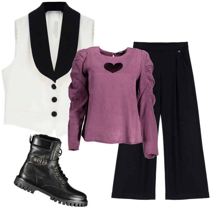 Outfit donna - Pink puff. Stile Casual chic per Ufficio. Abbinamento con gilet, pantaloni a palazzo, camicie, stivali.