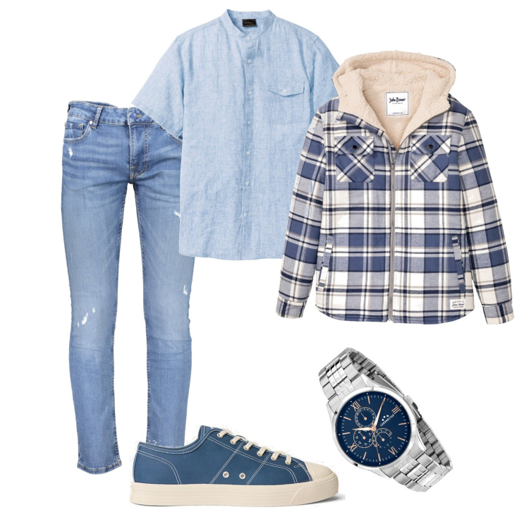 Outfit uomo - Primavera se piove. Stile Casual per Tutti i giorni. Abbinamento con camicie a manica corta, cappotti, orologi, sneakers, jeans skinny.