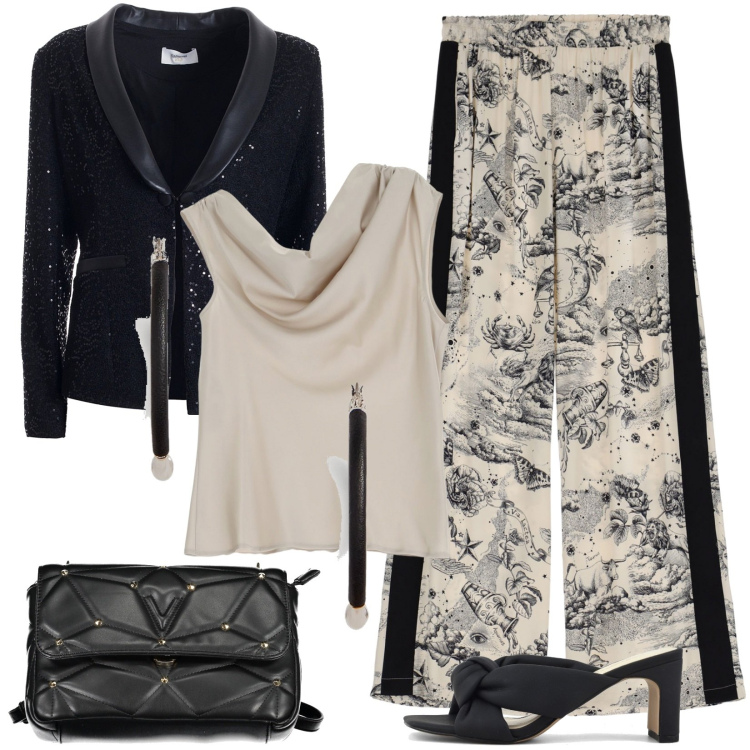 Outfit donna - curvy e brillante. Stile Glamour per Serata fuori. Abbinamento con pantaloni, top, blazer, orecchini, sandali col tacco, borse a tracolla.