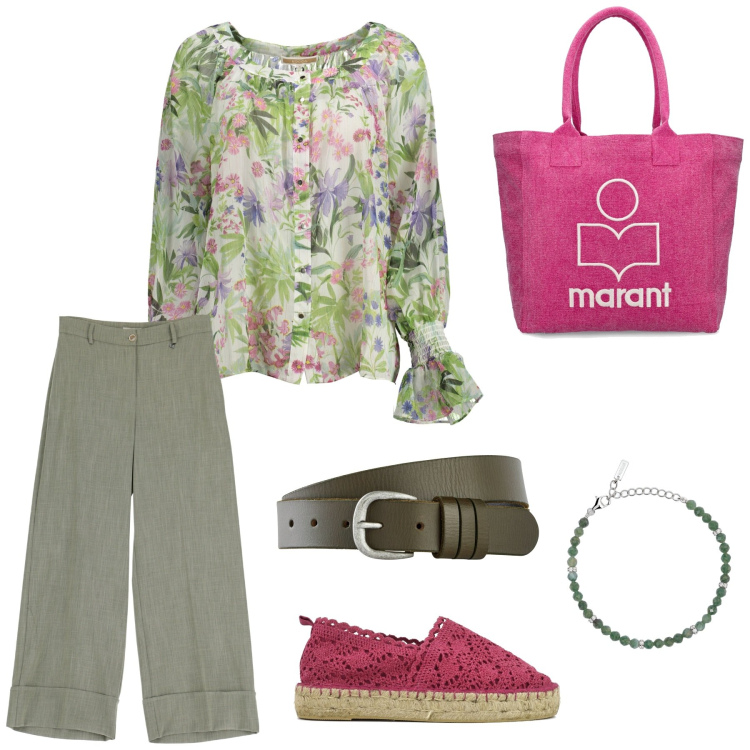 Outfit donna - Green. Stile Casual chic per Tutti i giorni. Abbinamento con cinture, braccialetti, pantaloni a palazzo, camicie, espadrillas, shopping bag.