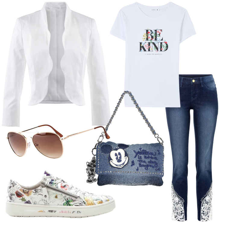 Outfit donna - City life. Stile Casual per Tutti i giorni. Abbinamento con blazer, occhiali da sole, jeans skinny, sneakers, t-shirt, borse a spalla.