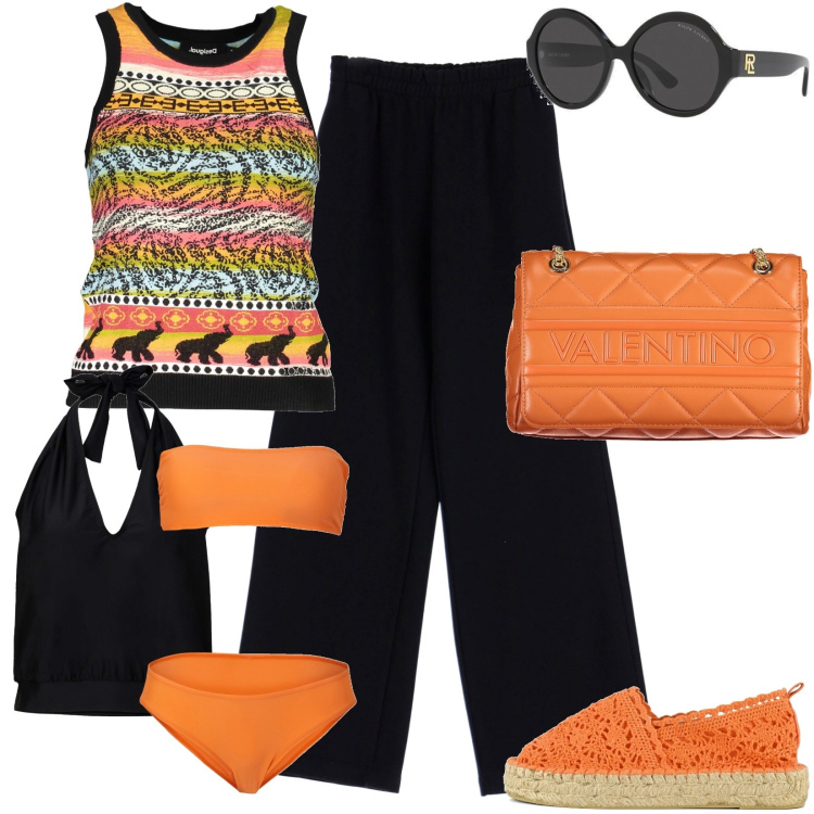 Outfit donna - il primo week end al mare. Stile Casual per Mare. Abbinamento con costumi interi, pantaloni a palazzo, occhiali da sole, espadrillas, canottiere, borse a spalla.