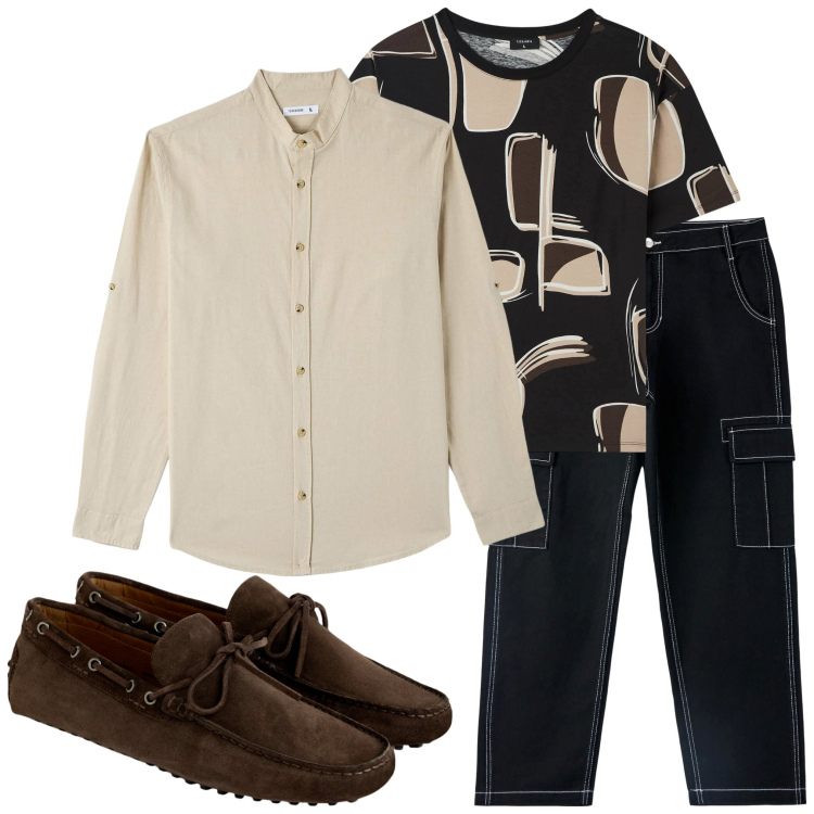 Outfit uomo - T-shirt stampata. Stile Casual per Tutti i giorni. Abbinamento con camicie, t-shirt, pantaloni cargo, scarpe stringate.