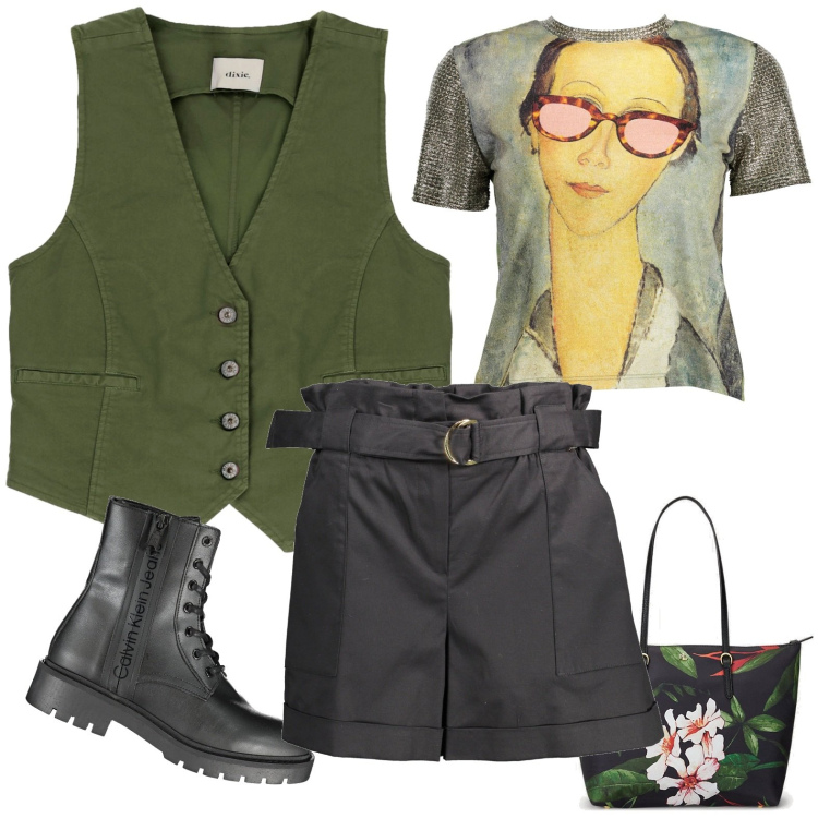 Outfit donna - Total look #1857800. Stile Casual per Tutti i giorni. Abbinamento con gilet, borse tote, pantaloni, t-shirt, stivali.