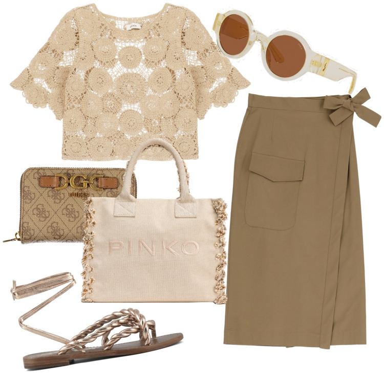 Outfit donna - In gonna casual. Stile Casual per Tutti i giorni. Abbinamento con shopping bag, occhiali da sole, gonne longuette, maglieria, sandali, portafogli.