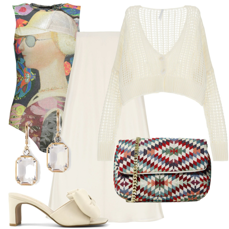 Outfit donna - ufficio chic. Stile Casual chic per Ufficio. Abbinamento con gonne longuette, cardigans, pochette, orecchini, sandali col tacco, body.