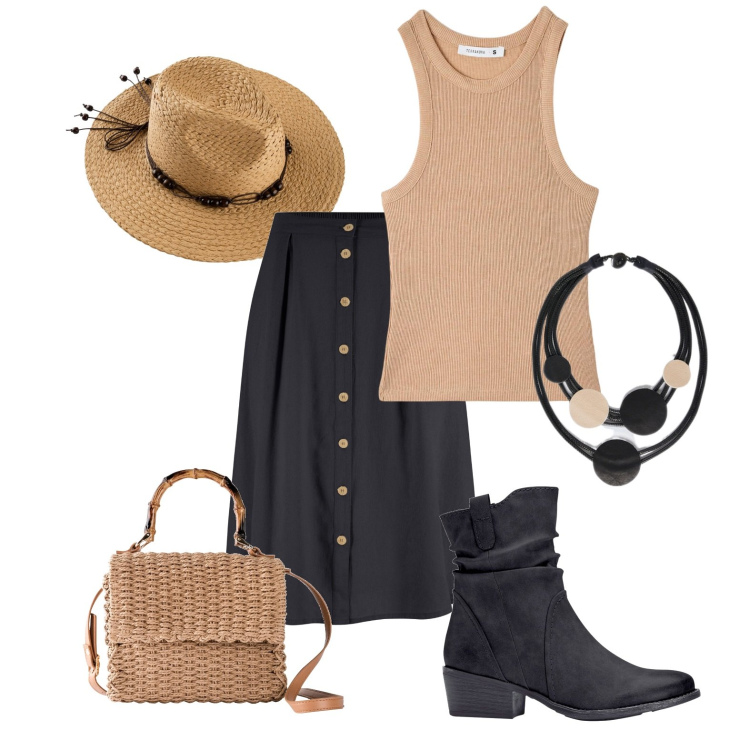 Outfit donna - Total look #1857811. per Tutti i giorni. Abbinamento con gonne longuette, stivaletti texani, borse a mano, cappelli, canottiere, collane.
