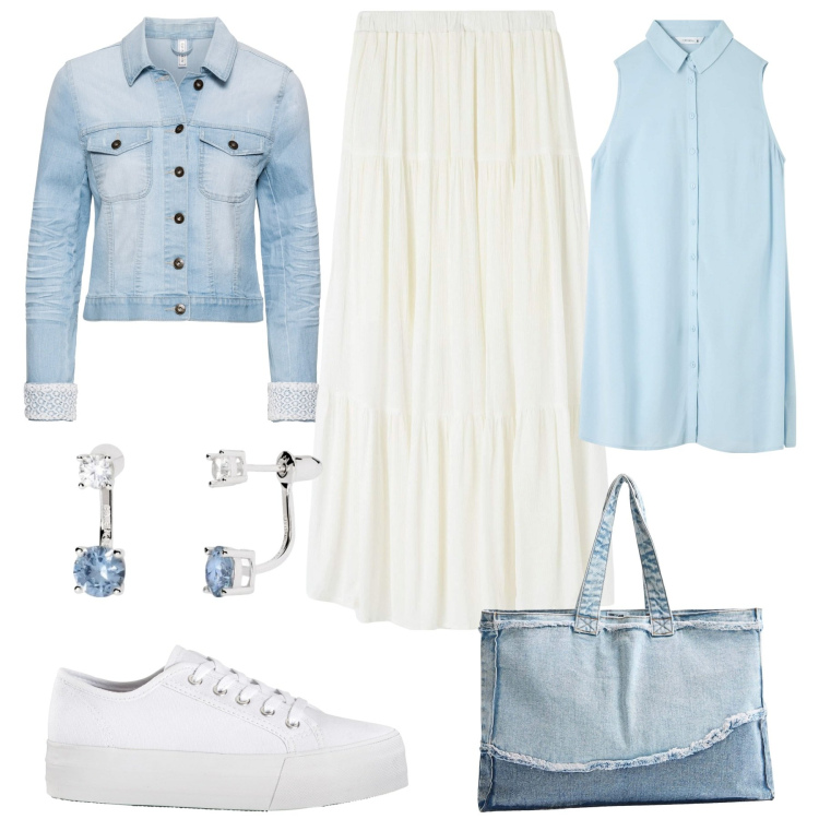 Outfit donna - Semplicità. Stile Casual chic per Tutti i giorni. Abbinamento con blazer, sneakers, gonne lunghe, shopping bag, camicie, orecchini.